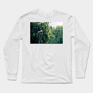 Great Blue Heron Flying Past the Trees Above Trojan Pond 2 Long Sleeve T-Shirt